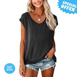 BRAND NEW BLACKMYTH Women's V-Neck Casual Tee - Cap Sleeve & Solid Color